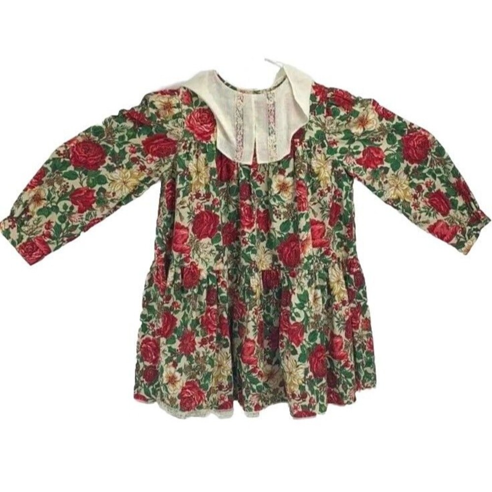 Vtg Bonnie Jean NY Floral Rose Dress Girls Size 6 Long Sleeve Velvet Trim 90s US